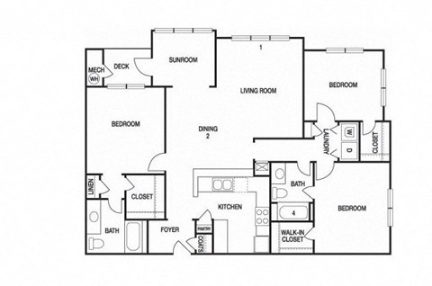 Floor plan for 3 beds, 2 baths, 1450 sqft
